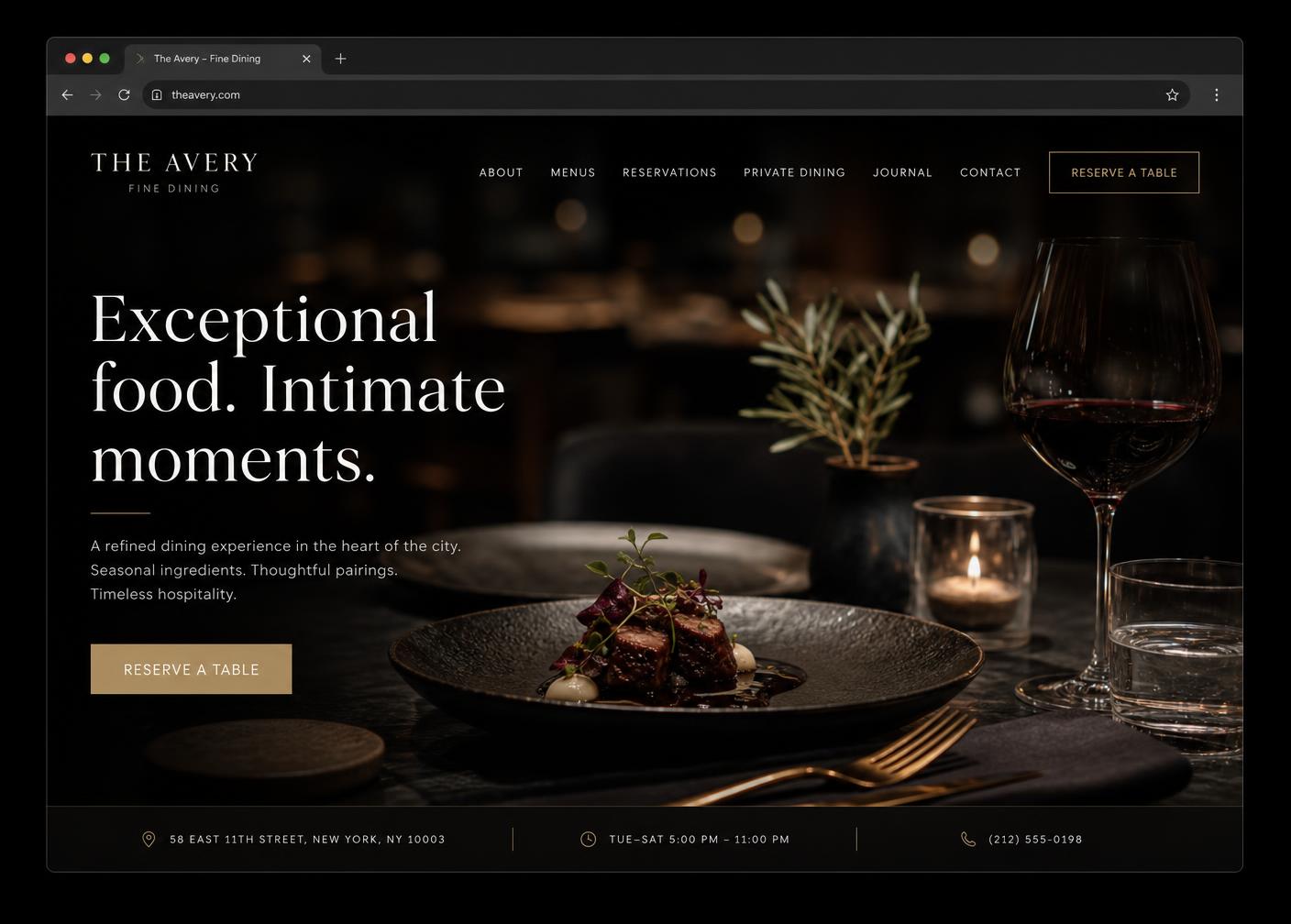 The Avery — Restaurant & Hospitality website concept